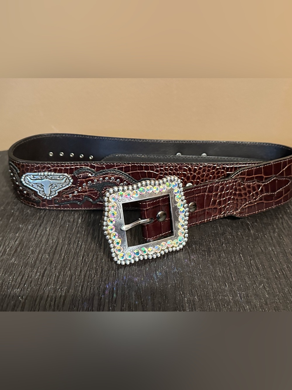 Ariat Croc-Embossed Dark Brown Women’s Belt with Crystal Buckle and Silver Studs